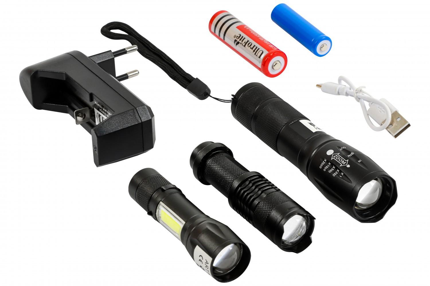 НАБІР ЛІХТАРИКІВ РУЧНИХ АКУМУЛЯТОРНИХ (КИШЕНЬКОВИХ) LED (3ШТ) XM-L T6/Q5/Q5+COB 1800/780/1000LM XMLT6Q5