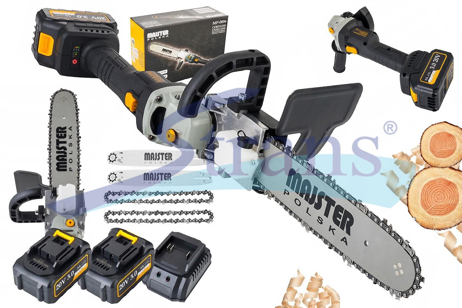 ШЛІФМАШИНА КУТОВА АКУМУЛЯТОРНА (З НАСАДКОЮ МІНІ-ПИЛА) MAJSTER MP-0006 1000W 20V 2*3.0AH ШИНА-2*40СМ (+НАБІР ШИН ТА ЛАНЦЮГІВ) MP0006