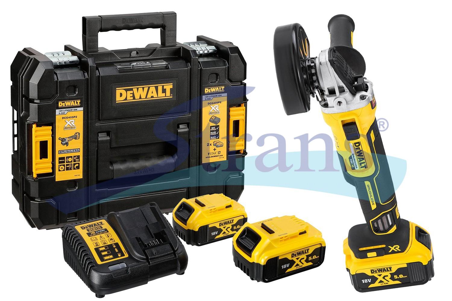 ШЛІФМАШИНА КУТОВА АКУМУЛЯТОРНА БЕЗЩІТКОВА DEWALT Ø125MM 18V 2X5AH 800W 9000 ОБ/ХВ DCG405P2