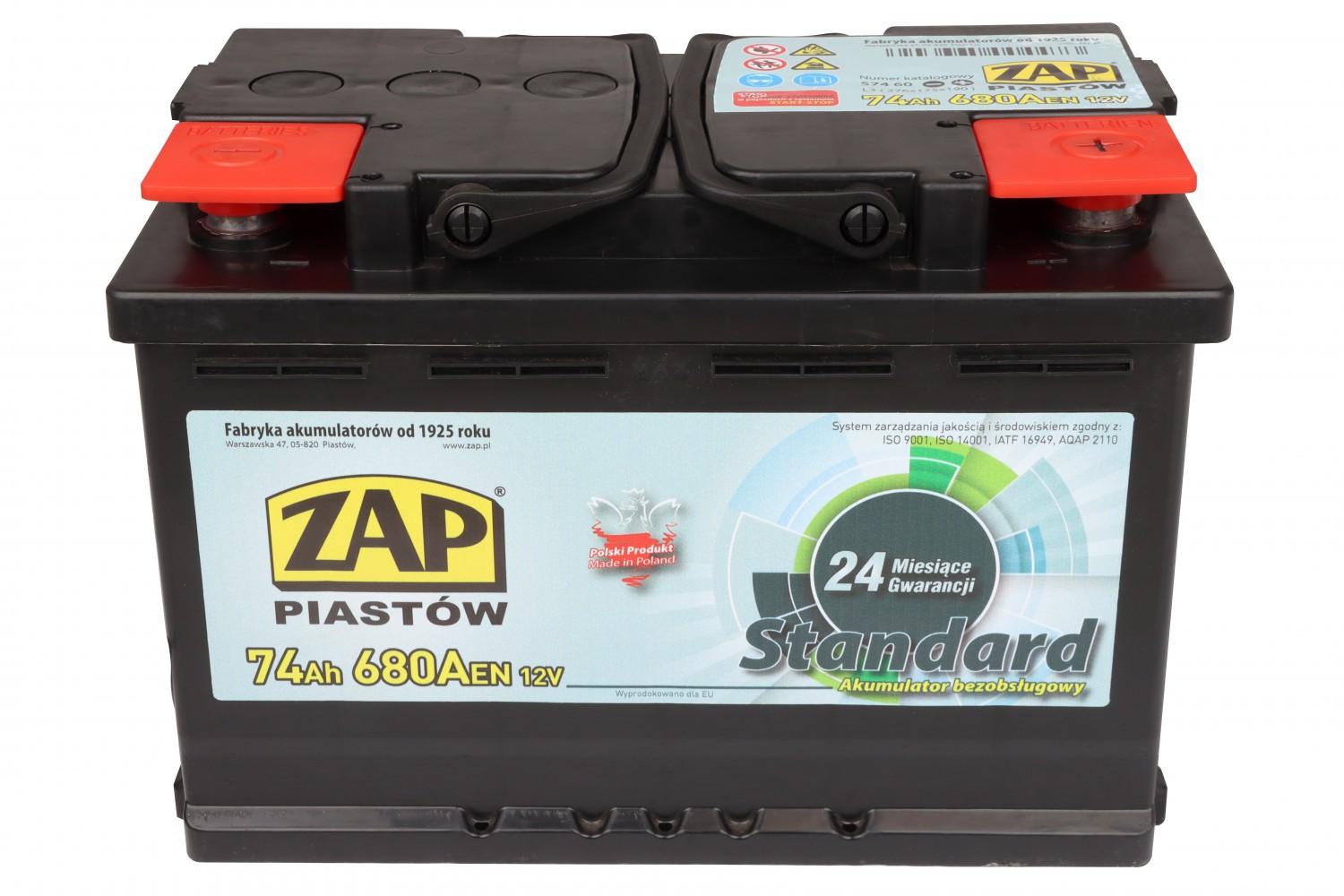 АКУМУЛЯТОР 12V 74AH 680A R+ ZAP STANDARD 276*175*190MM 57460ZAP