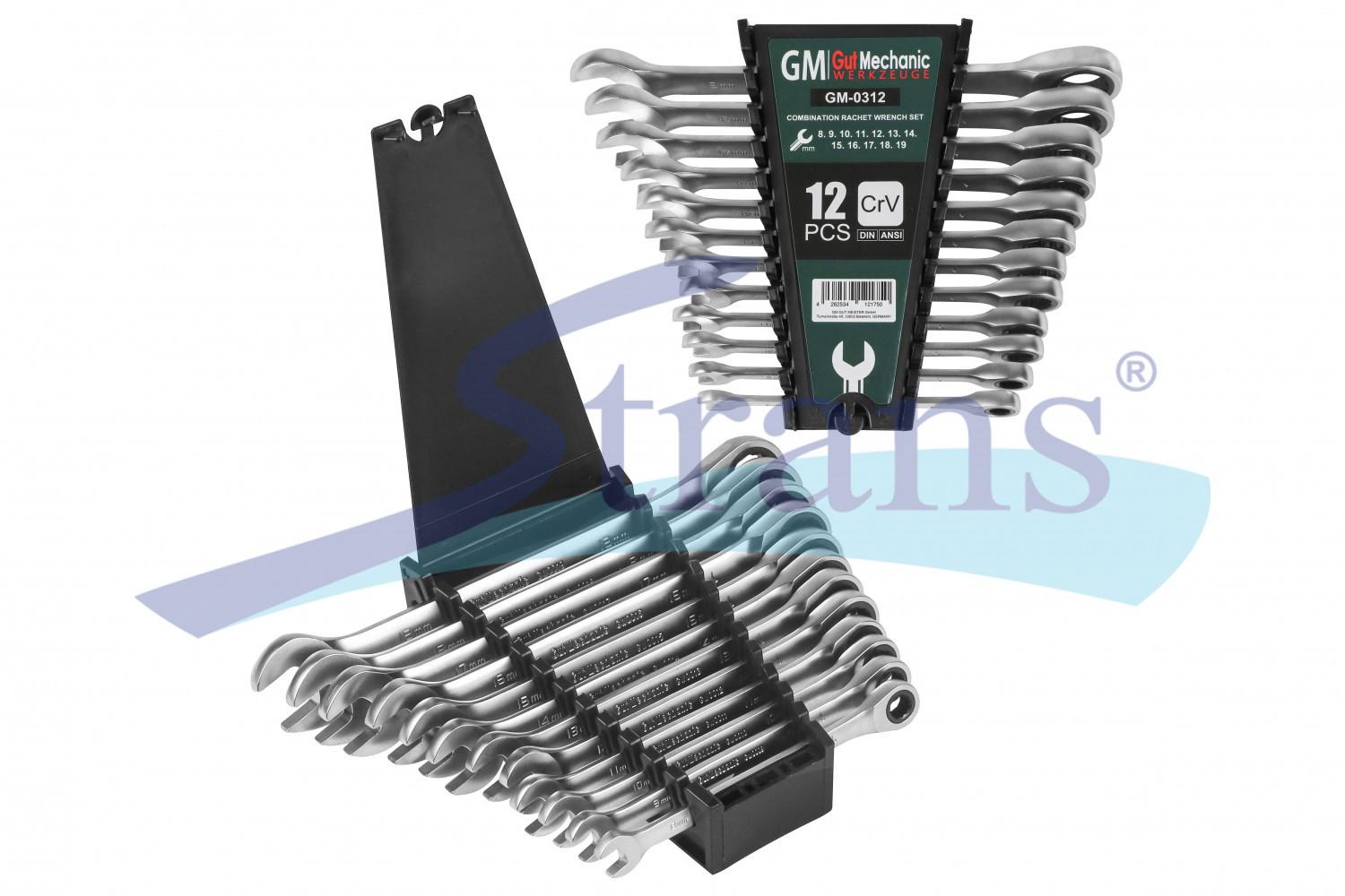 НАБІР КЛЮЧІВ РОЖКОВО-НАКИДНИХ З ТРЕЩІТКОЮ GUT MECHANIC 12 ШТ 8-19MM GM0312
