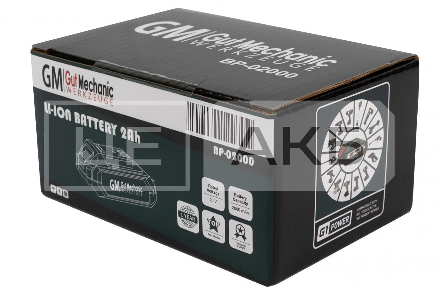 БАТАРЕЯ АКУМУЛЯТОРНА GUT MECHANIC 20V 2AH LI-ION З LED BATTERY INDICATOR (ГАРАНТІЯ 12 МІСЯЦІВ) BP02000