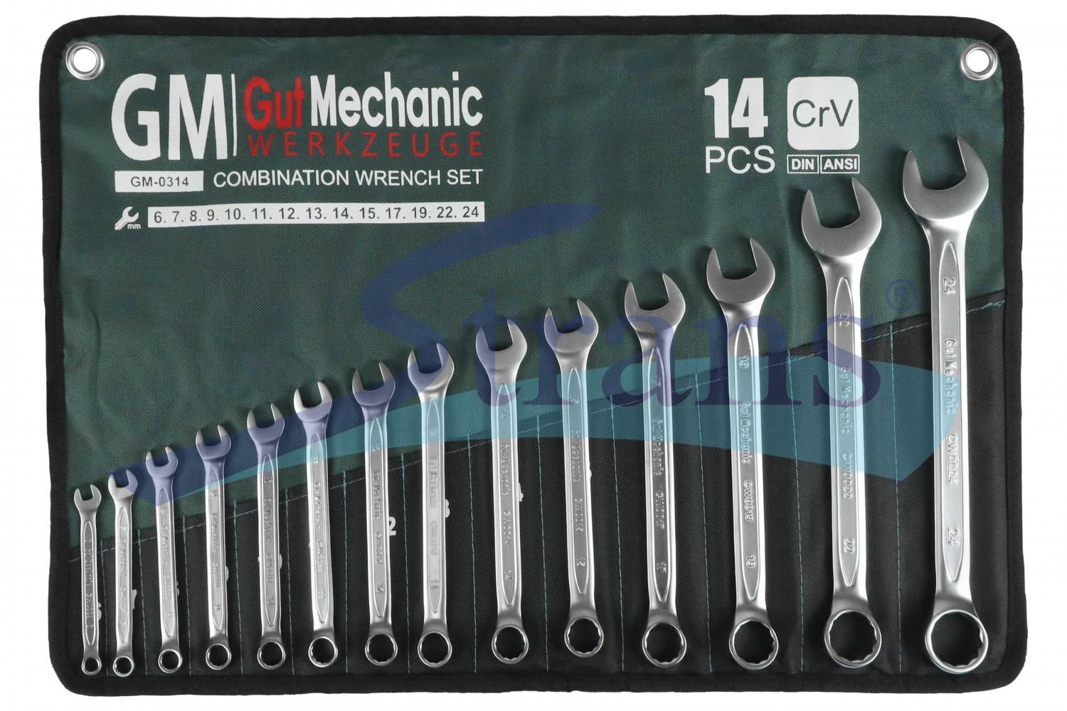 НАБІР КЛЮЧІВ РОЖКОВО-НАКИДНИХ В ПЛАХТІ GUT MECHANIC 14 ШТ 6-24MM GM0314