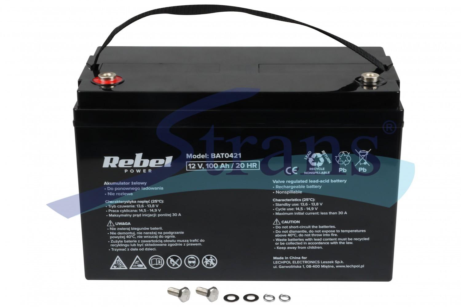 АКУМУЛЯТОР ГЕЛЕВИЙ 12V 100AH REBEL POWER 173*222*333MM (ДЛЯ КОТЛІВ, СОНЯЧНИХ БАТАРЕЙ, ДБЖ, КЕМПІНГІВ..) (ЗЄДНУВАЧ- 12E0156V T ) BAT0421AKU99