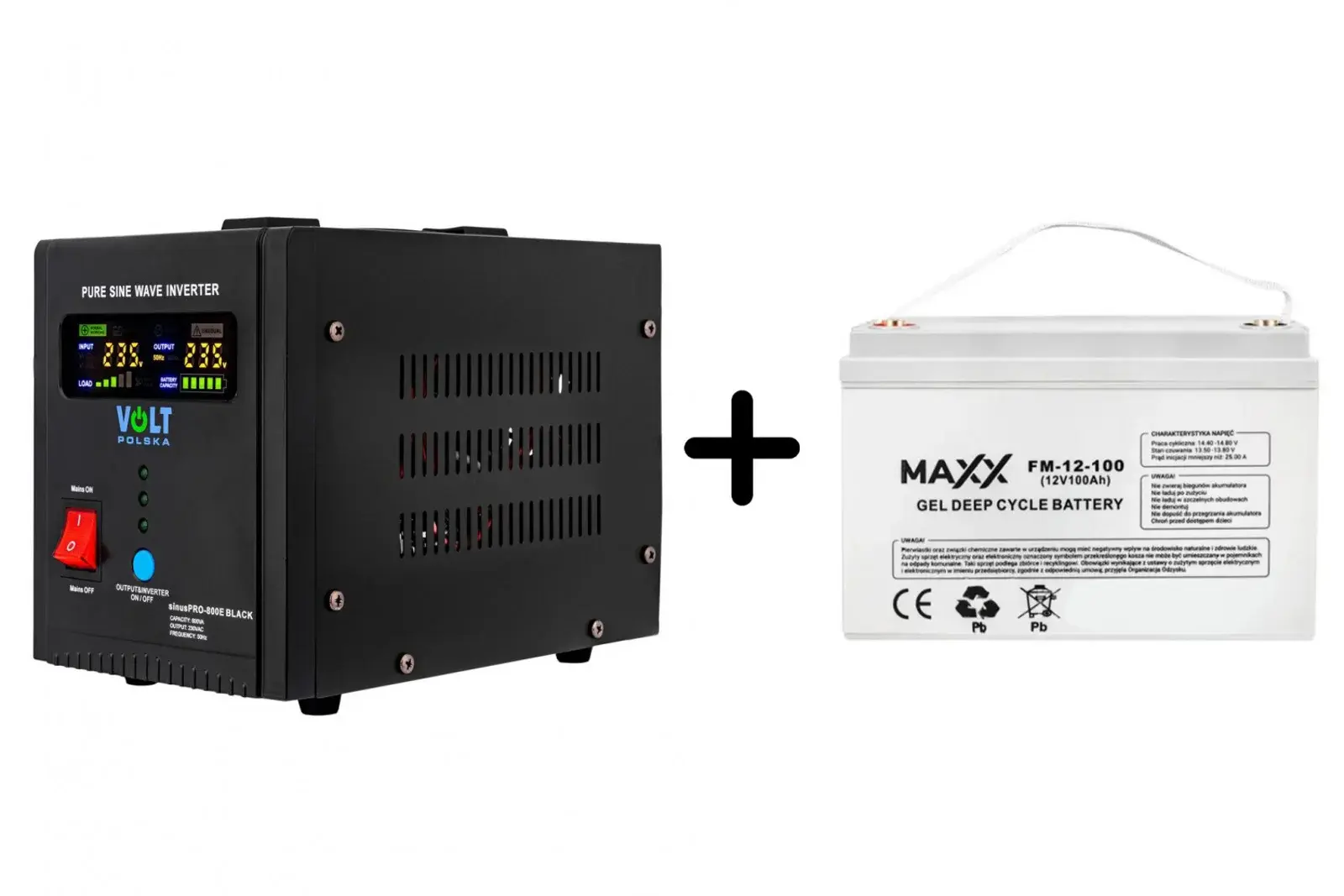 ДЖЕРЕЛО БЕЗПЕРЕБІЙНОГО ЖИВЛЕННЯ (UPS) VOLT SINUS PRO 800E 12/230V 500/800W 10A (ПРАВИЛЬНА (ЧИСТА) СИНУСОЇДА) + АКУМУЛЯТОР ГЕЛЕВИЙ 12V 100AH GEL DEEP CYCLE MAXX FM-12-100 173*218*331MM 12A2100M T (ДЛЯ КОТЛІВ, СОНЯЧНИХ БАТАРЕЙ, ДБЖ, КЕМПІНГІВ..)