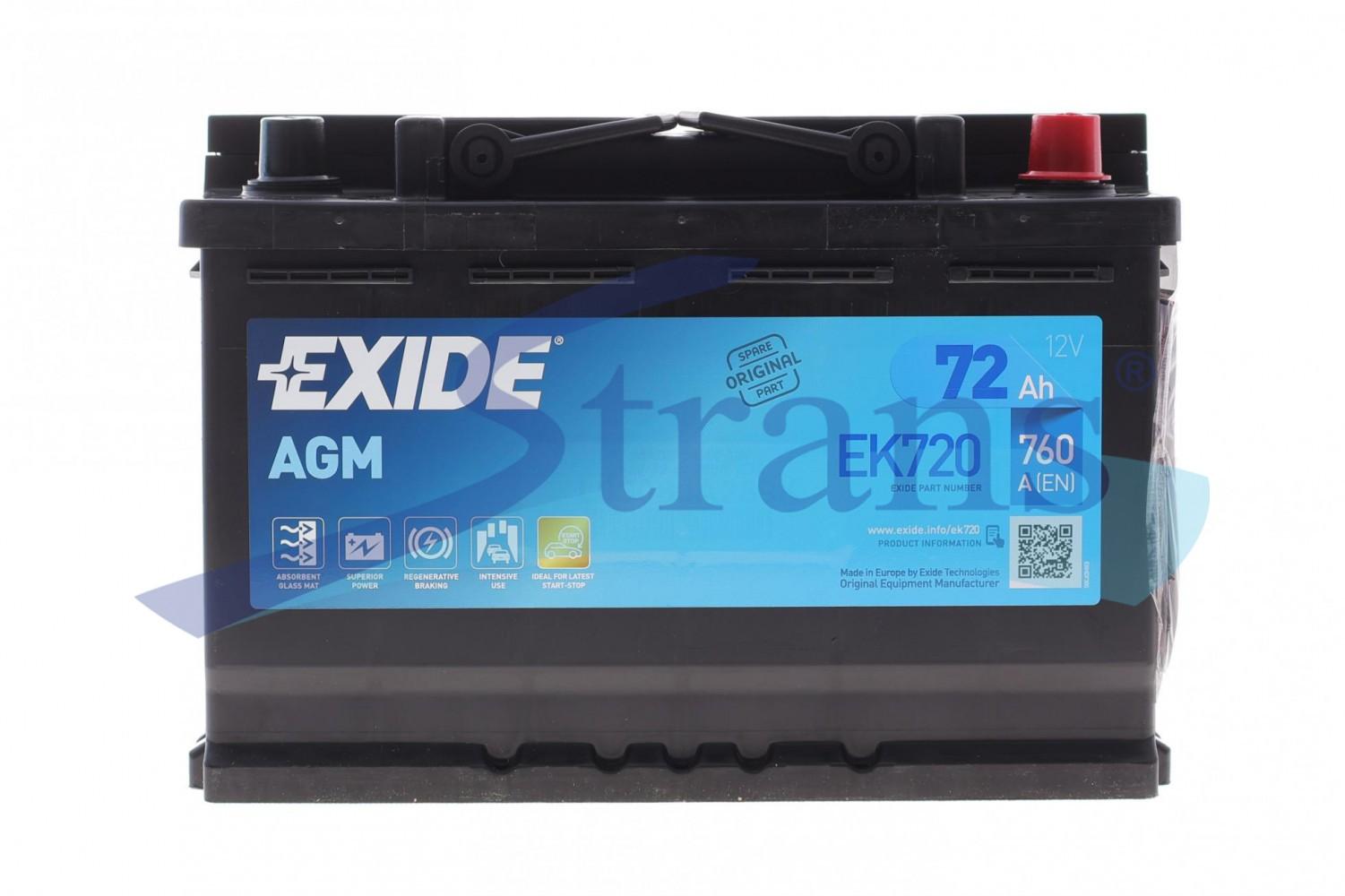 АКУМУЛЯТОР AGM 12V 72AH 760A R+  278*175*190MM EK720
