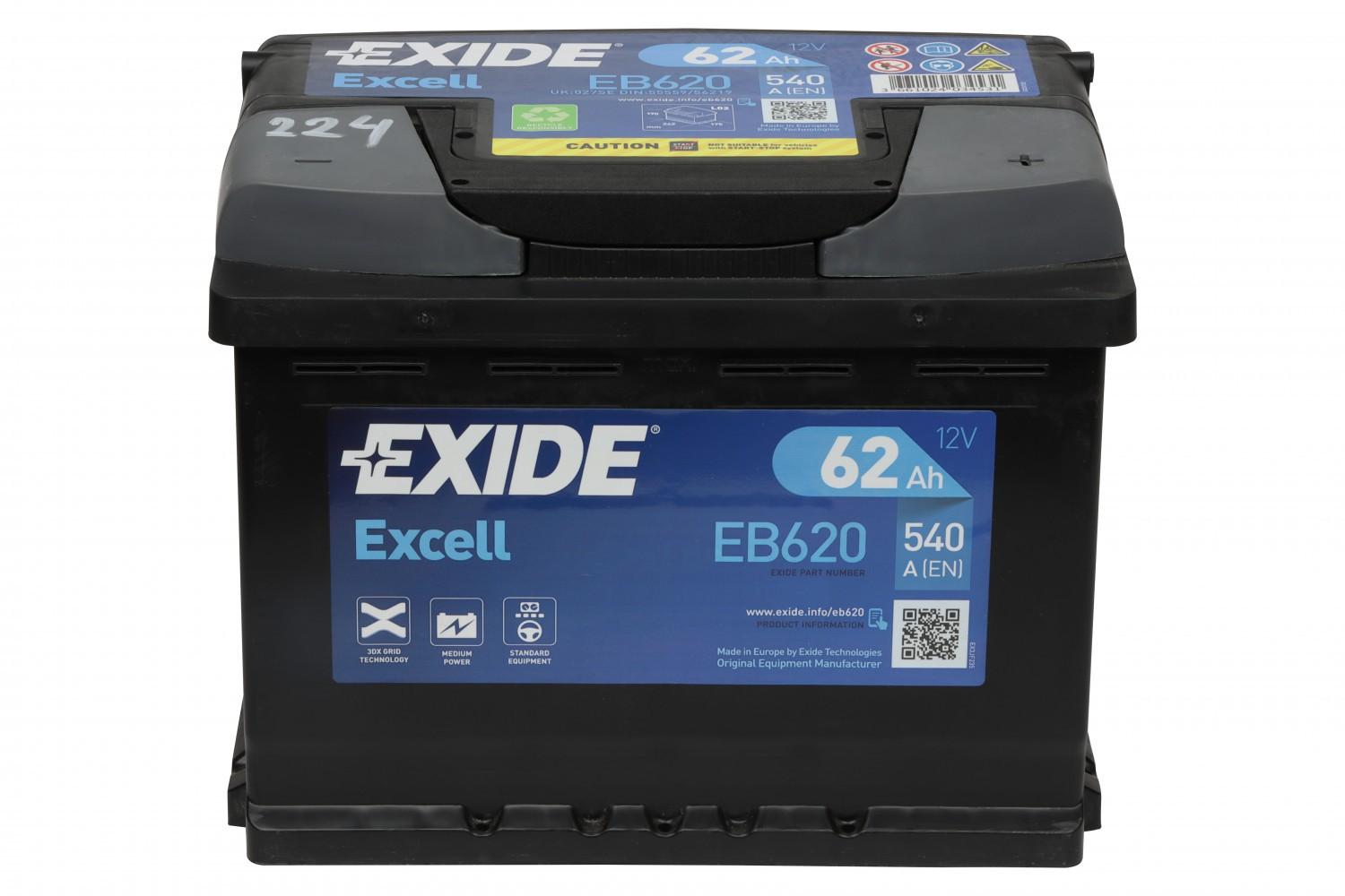 АКУМУЛЯТОР 12V 62AH 540A EXCELL R+ 242*175*190MM EB620
