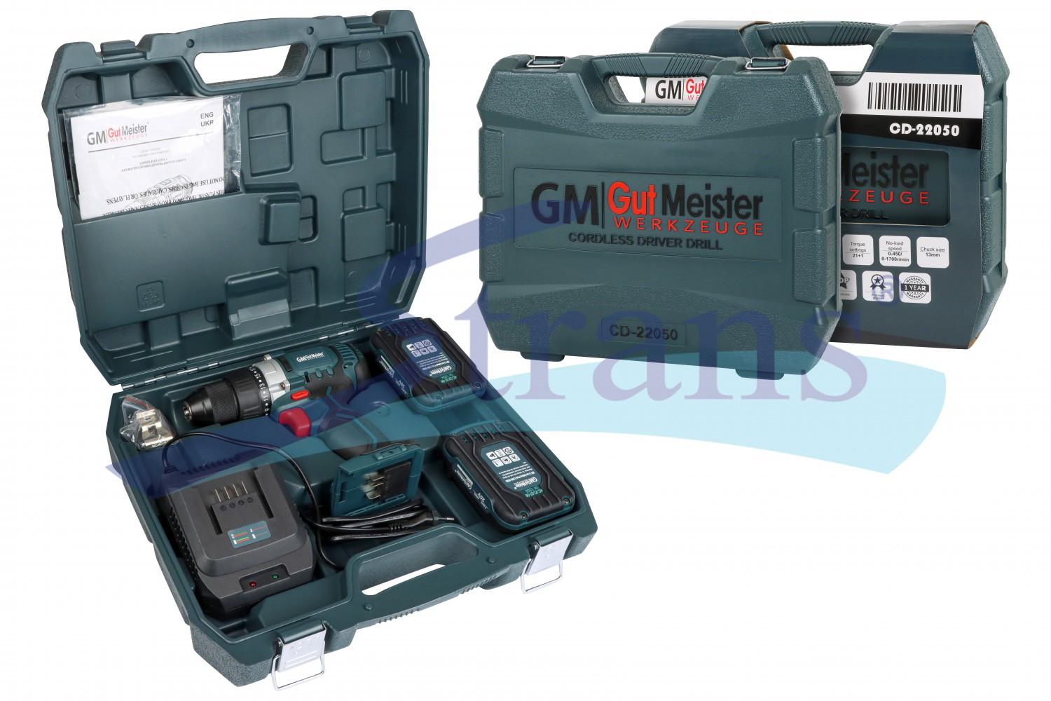 ДРИЛЬ-ШУРУПОВЕРТ АКУМУЛЯТОРНИЙ GUT MEISTER 20V 2X2.0AH 50NM 21+1 0-450/0-1700 ОБ/ХВ ПАТРОН 13MM CD22050