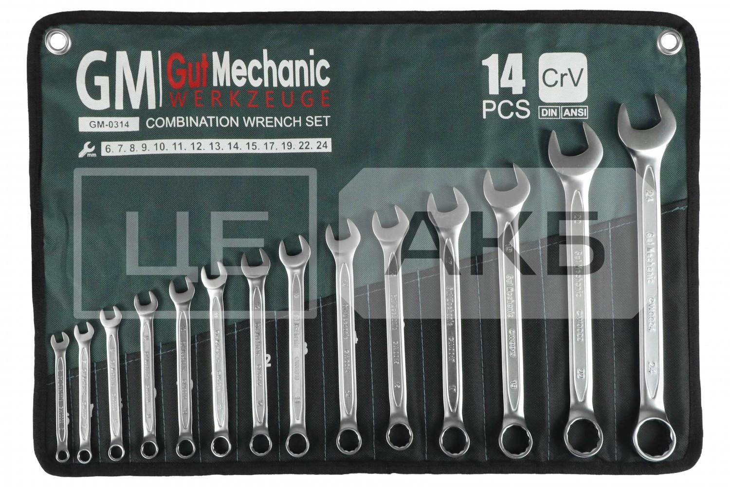 НАБІР КЛЮЧІВ РОЖКОВО-НАКИДНИХ В ПЛАХТІ GUT MECHANIC 14 ШТ 6-24MM GM0314