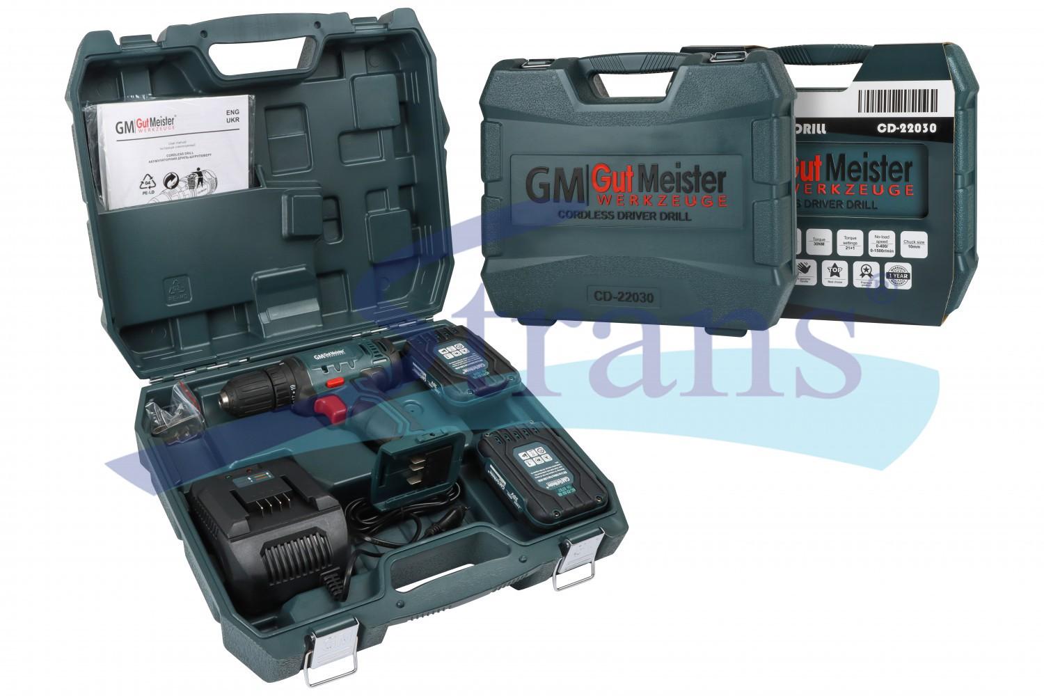 ДРИЛЬ-ШУРУПОВЕРТ АКУМУЛЯТОРНИЙ GUT MEISTER 20V 2X2.0AH 30NM 21+1 0-400/0-1500 ОБ/ХВ ПАТРОН 10MM CD22030